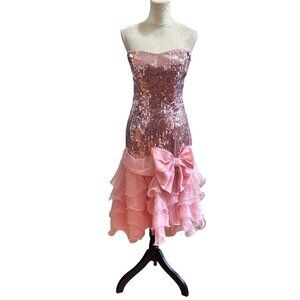 Vintage Pink Strapless Sequin Dress Ruffled Chiffon Skirt & Bow Detail Prom Sz M